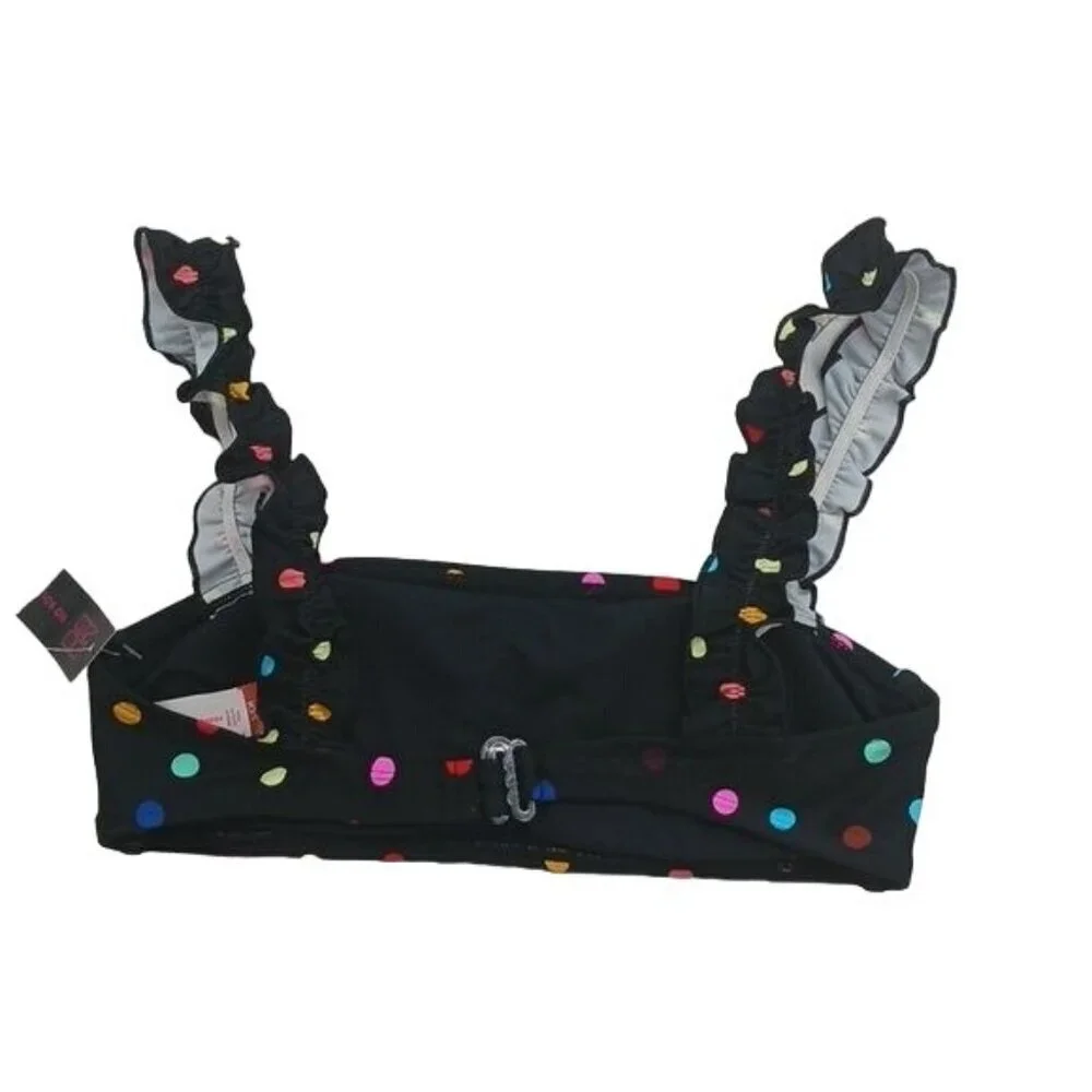 No Boundaries Bikini Top Black Rainbow Polka Dot Ruffle Straps Juniors S 3-5